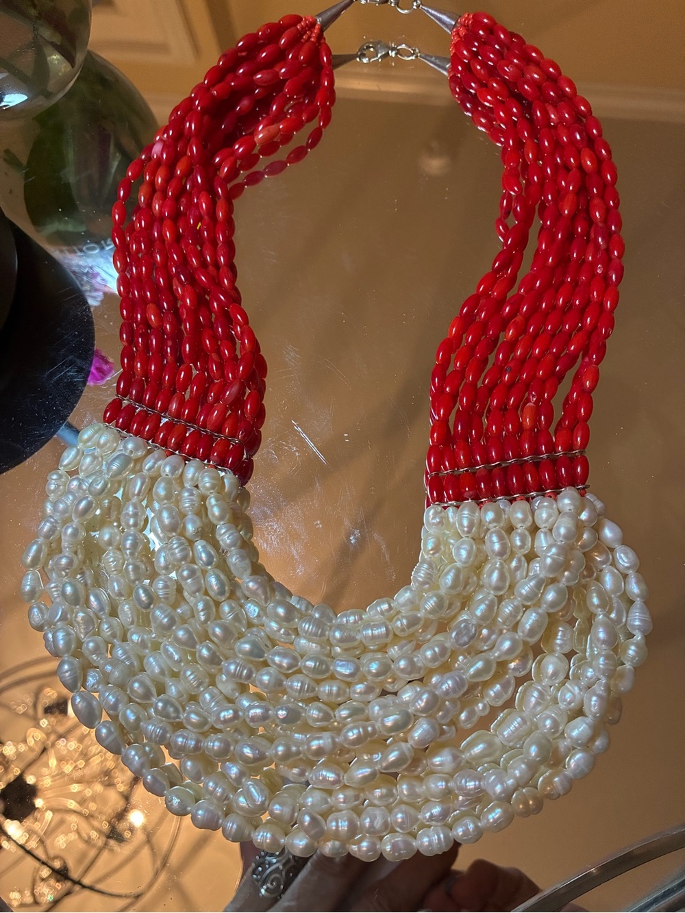 NOS VINTAGE Multi-strand White  FW Pearls and Red Coral Beads- Single-owner